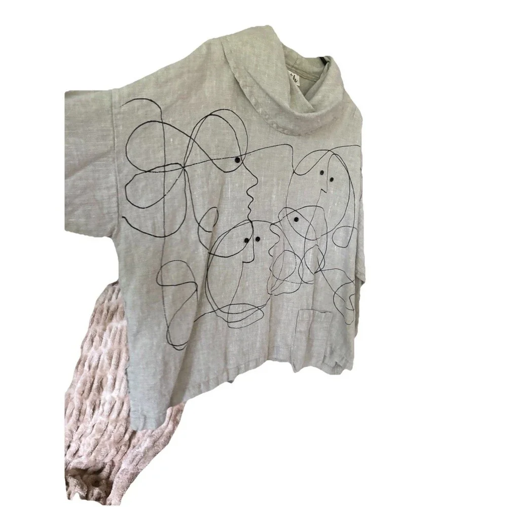 Odile 100% Linen Cowel Neck Shirt Women M Tan Artistic Hand Painted